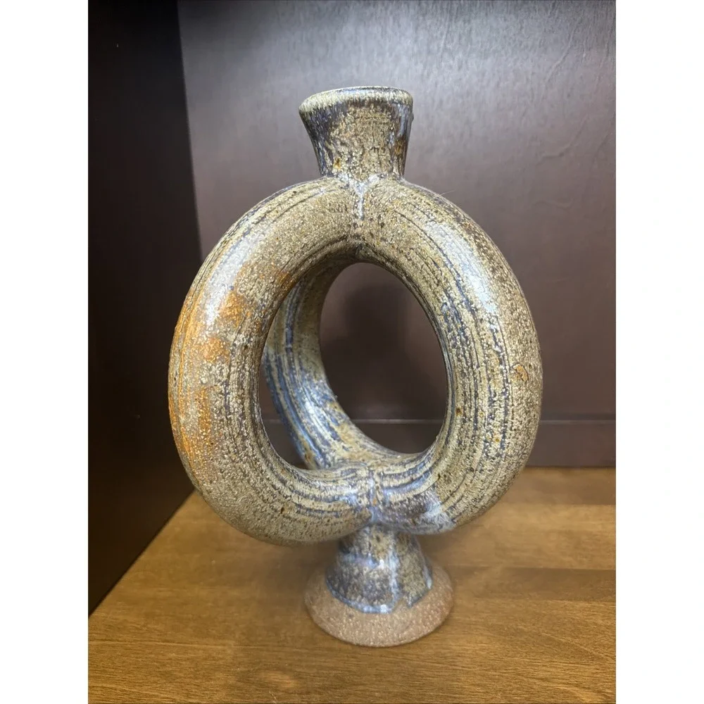 Studio Art Pottery Ring Loop Vase Pitcher Hand Thrown 10.25